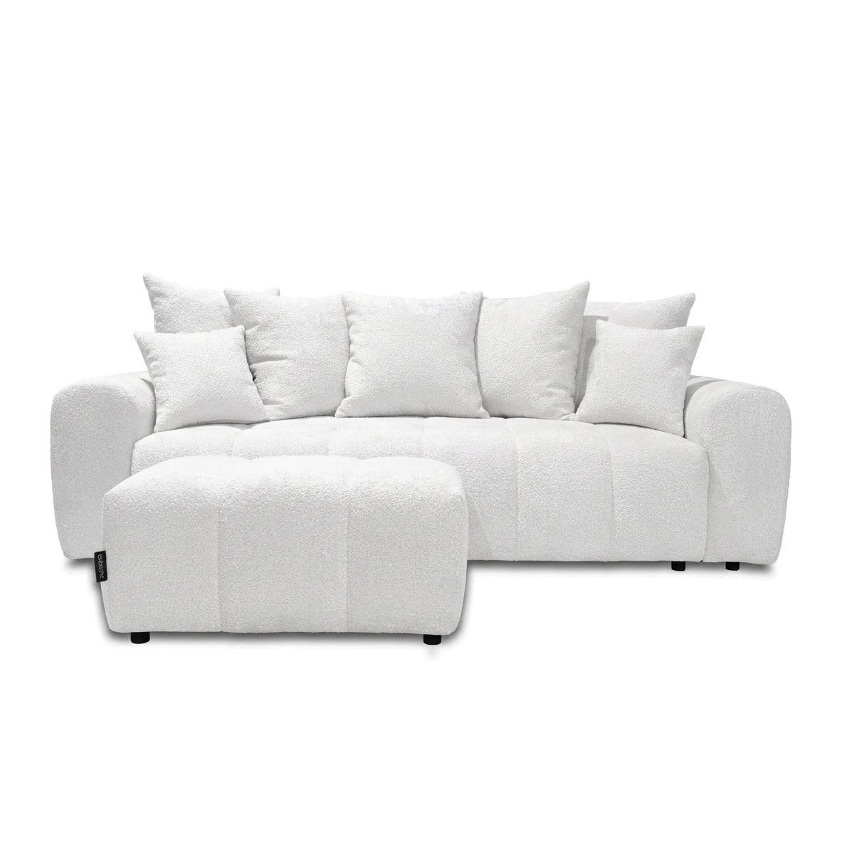 Canapé droit convertible 3 places en tissu bouclette avec pouf, ROXELANE blanc, BOBOCHIC