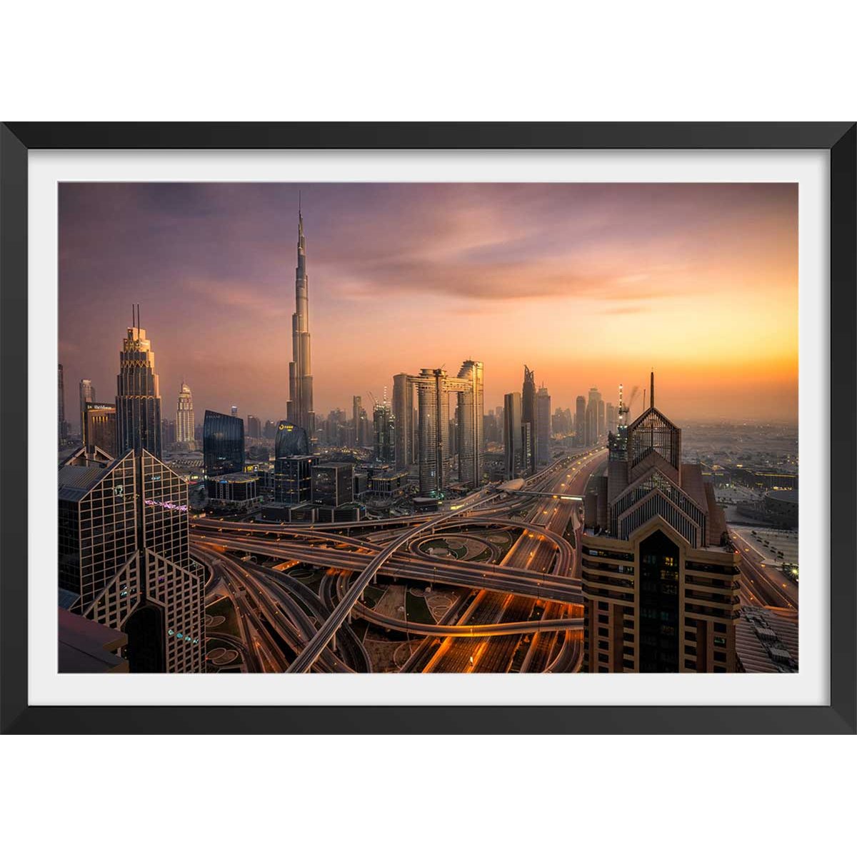Affiche ""Dubai sunset"" affiche + cadre en bois - noir, HEXOA