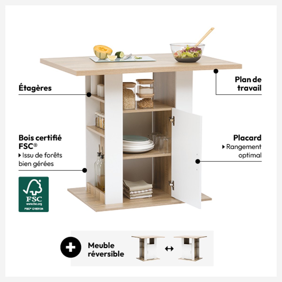 Ilot de cuisine 2 étagères EAT UP beige, 5FIVE SIMPLY SMART