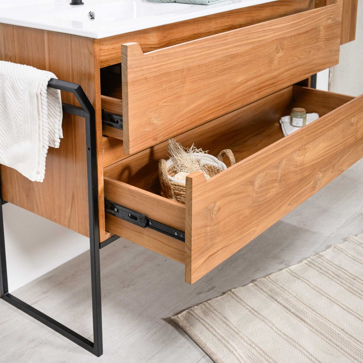 Meuble salle de bain en teck et céramique Vila 120cm blanc, WANDA COLLECTION