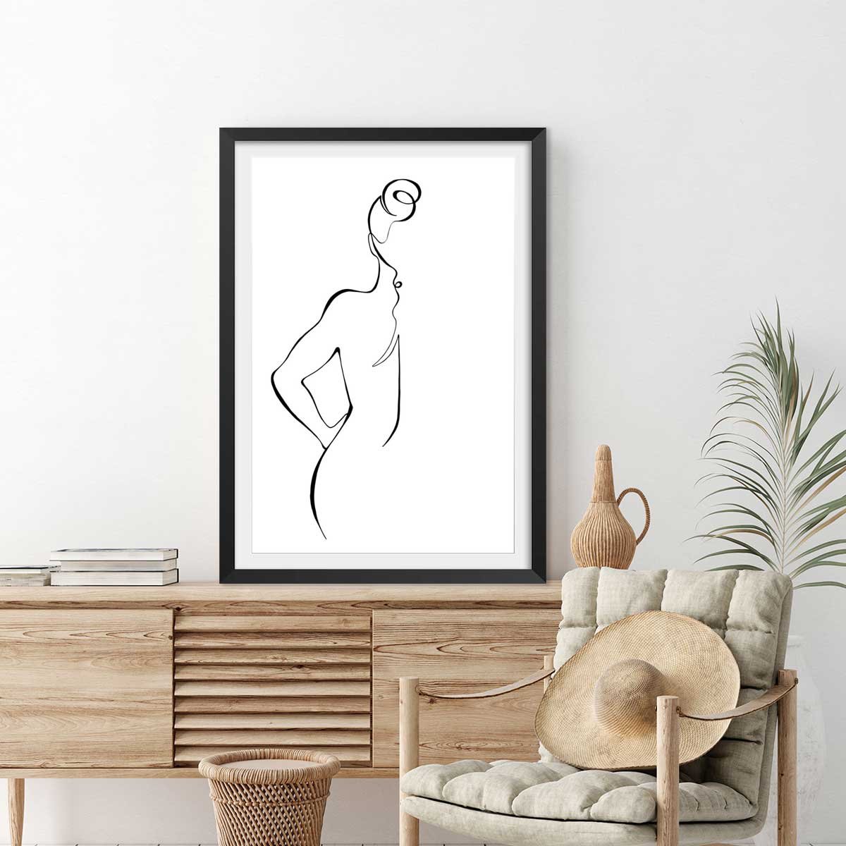 Affiche Croquis de femme affiche + cadre en bois - noir, HEXOA
