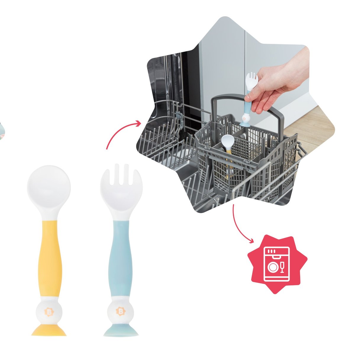 Couverts bébé ergonomiques pour l’apprentissage blanc, BADABULLE