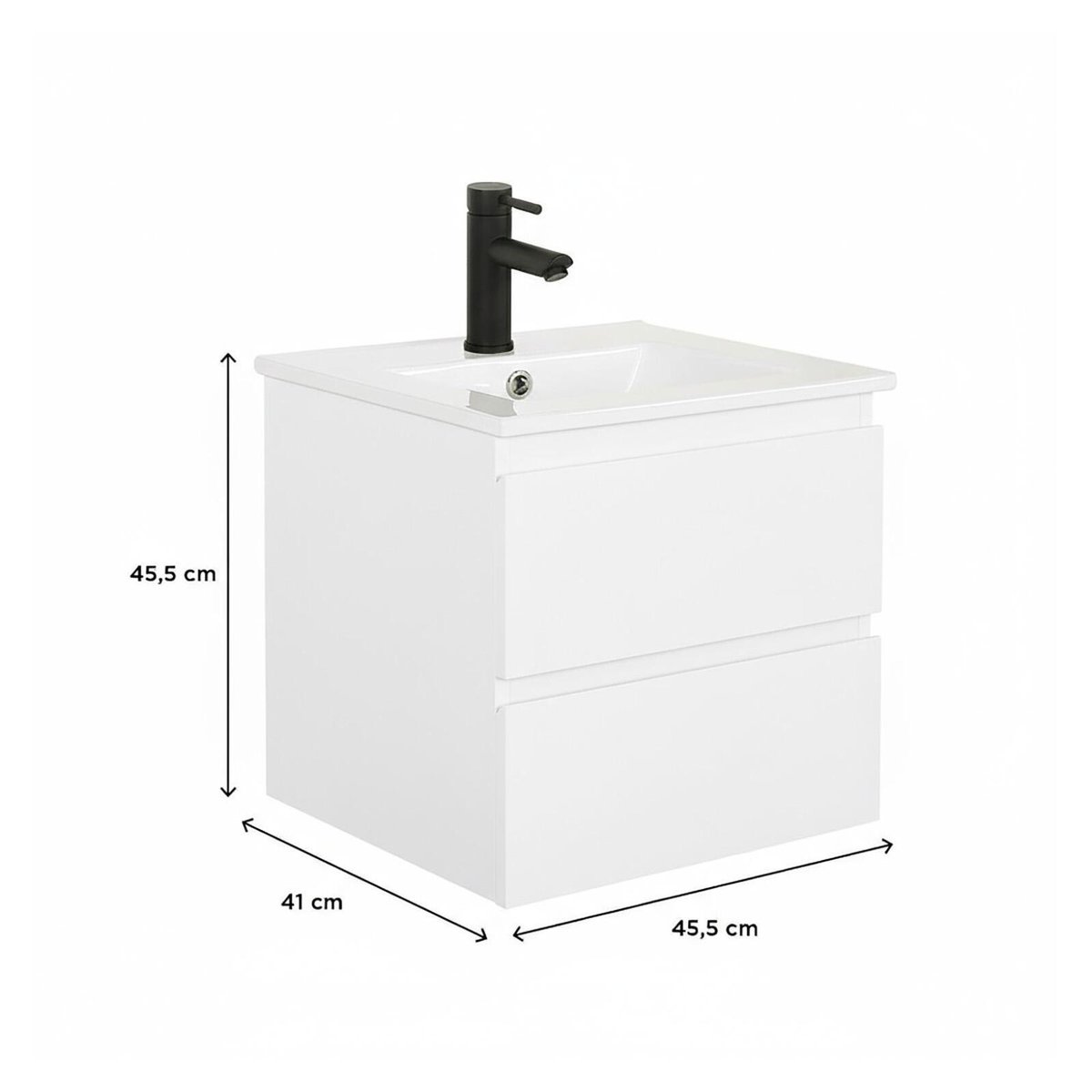 Meuble vasque 45cm et robinet noir SORRENTO blanc satiné, MOB IN