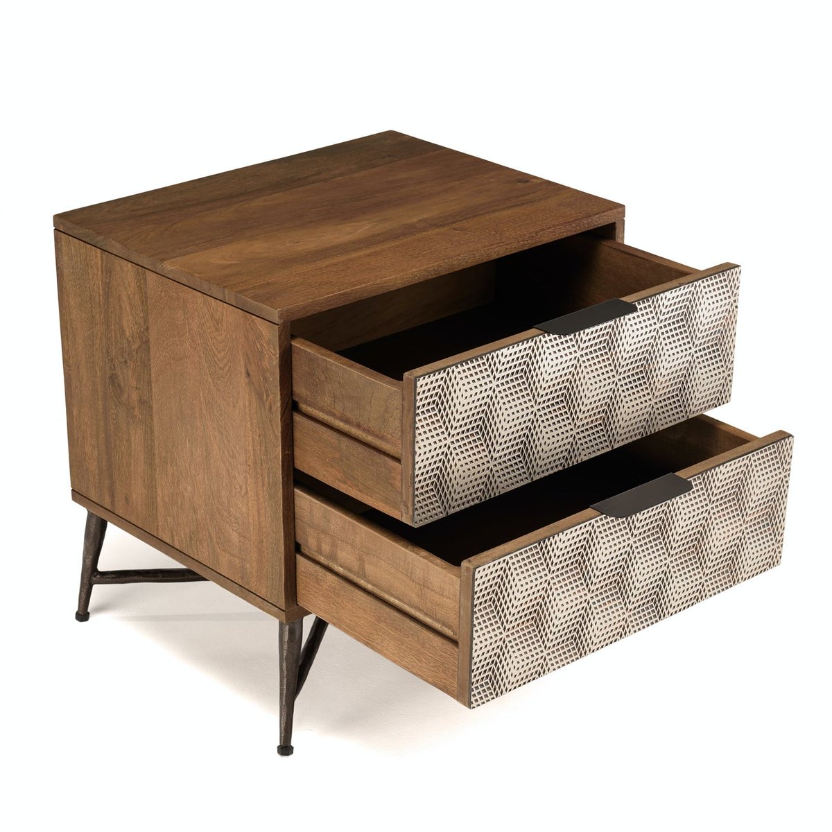 Chevet 2 tiroirs motifs losanges en bois de manguier KANHA bois naturel, PIER IMPORT