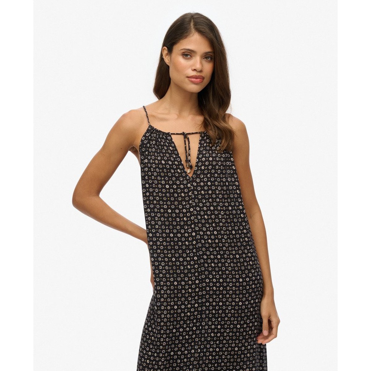 Robe longue caraco de plage noir à pois et pâquerettes, SUPERDRY