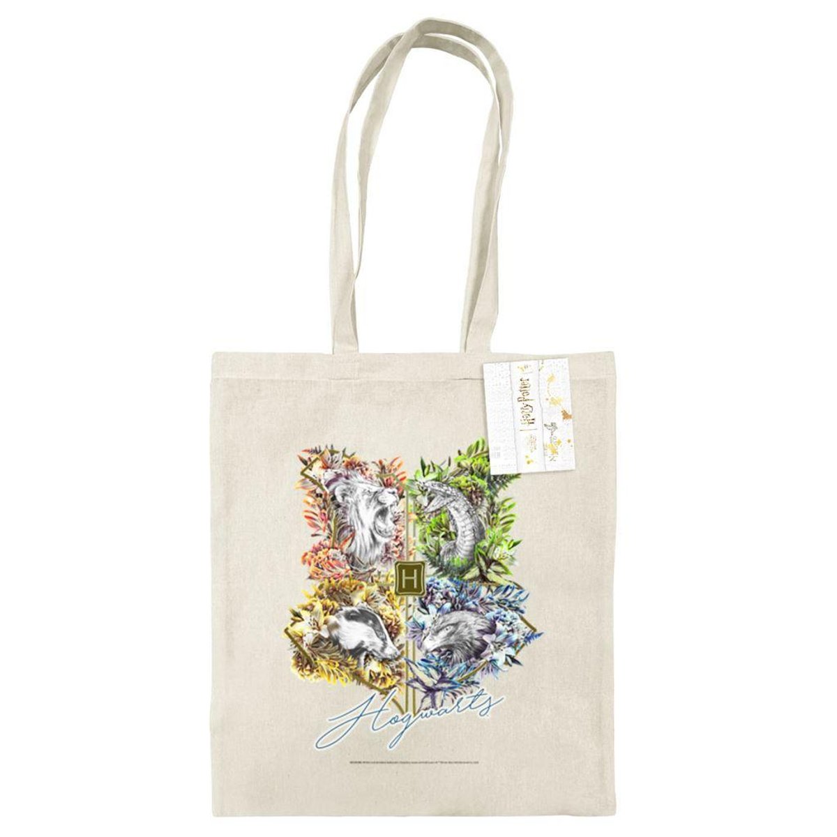 Tote bag motif/style emblème de Poudlard beige, HARRY POTTER
