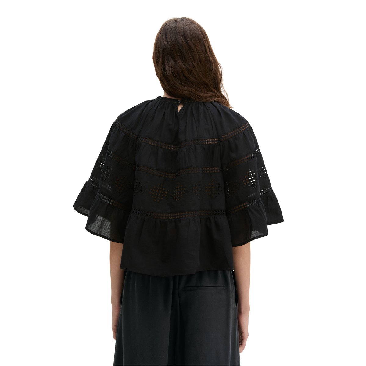 Blouse boho de style folklorique relaxed en voile de coton brodé noir, MARC O'POLO