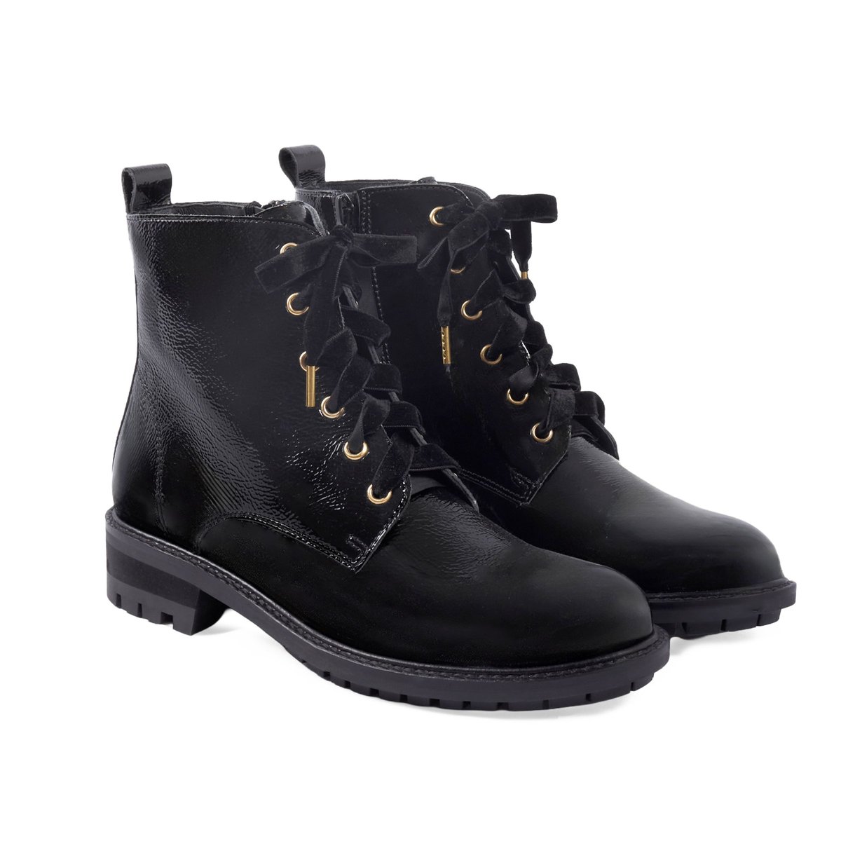 Bottines plates à lacet cuir vernis noir, JULES & JENN