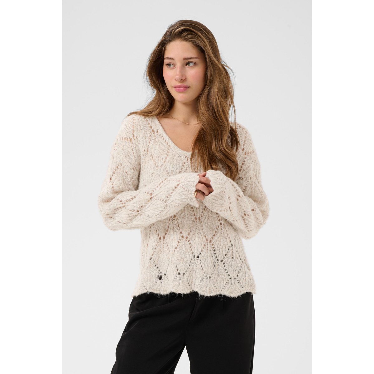 Pullover tricoté beige oatmeal melange, CREAM