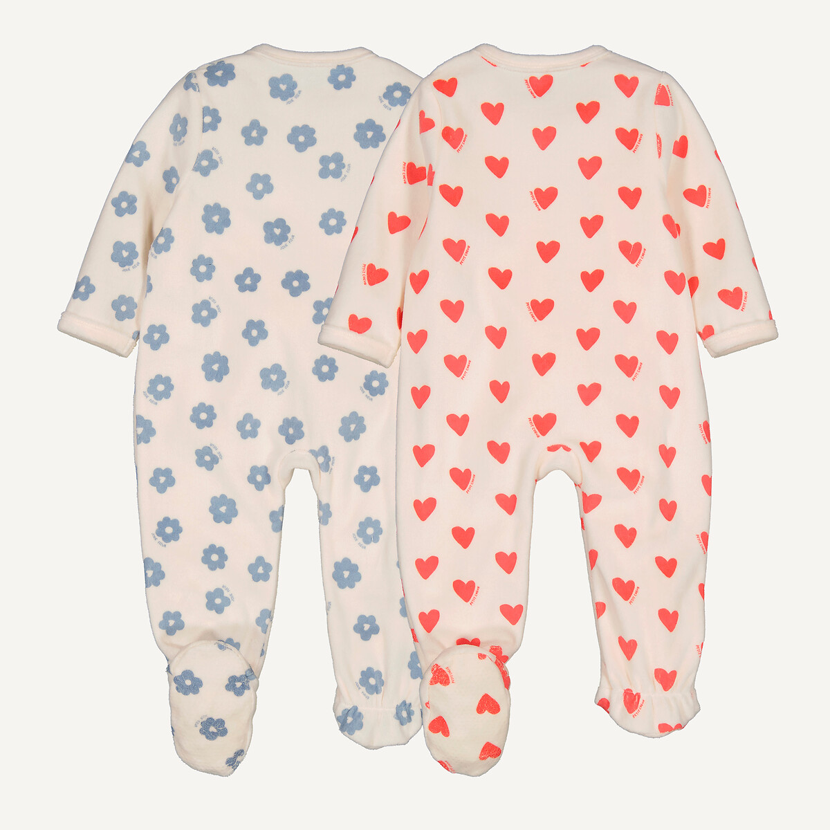 Set van 2 fluwelen 1-delige pyjama's met hartjes en bloemen gemengd, LA REDOUTE COLLECTIONS