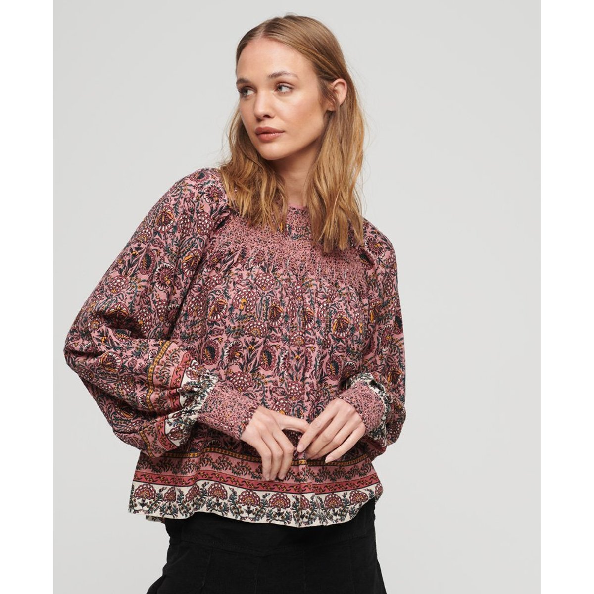 Haut tissé smocké imprimé pêche française à fleurs, SUPERDRY
