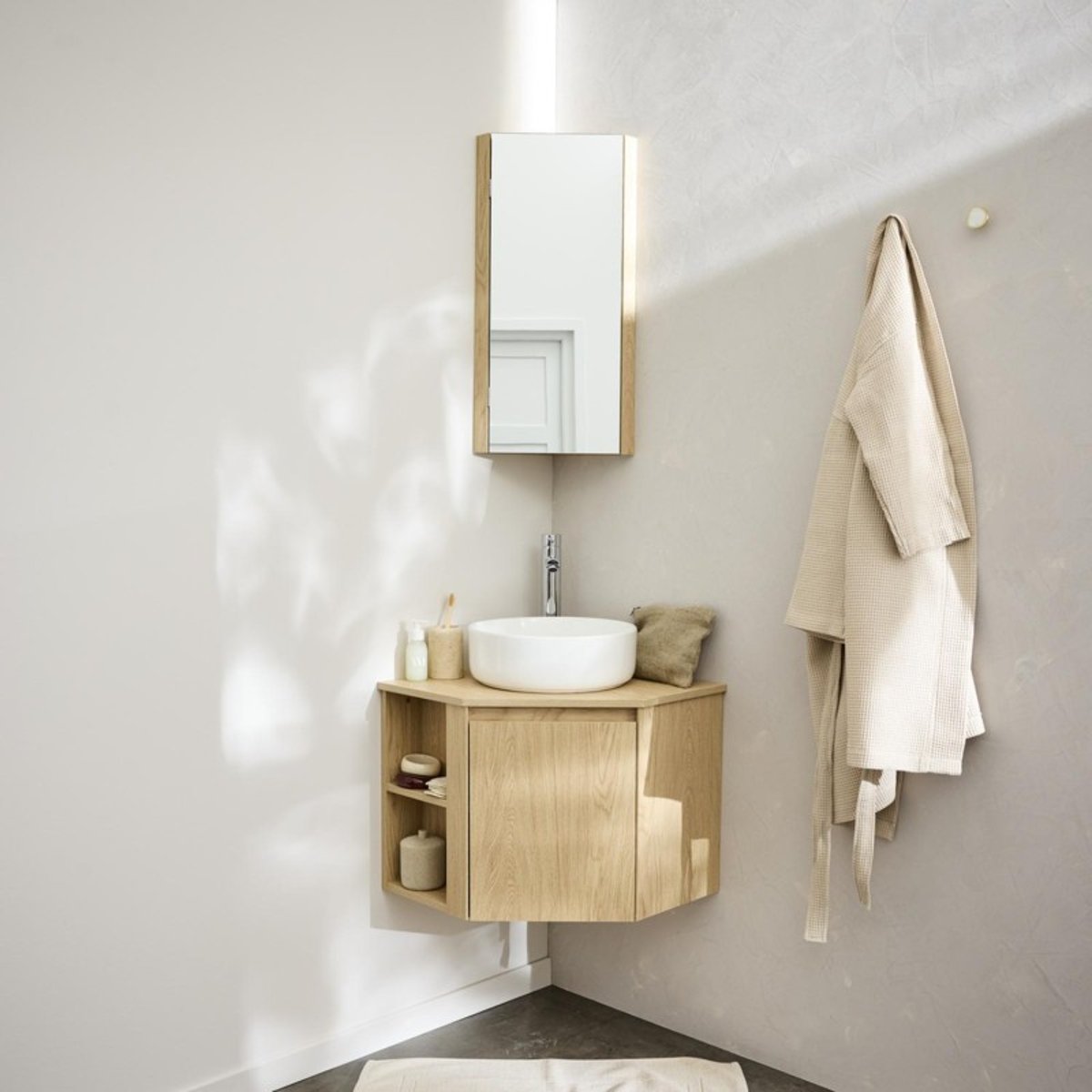 Meuble sous vasque d'angle avec vasque, robinet et armoire SORRENTO décor chêne, MOB IN