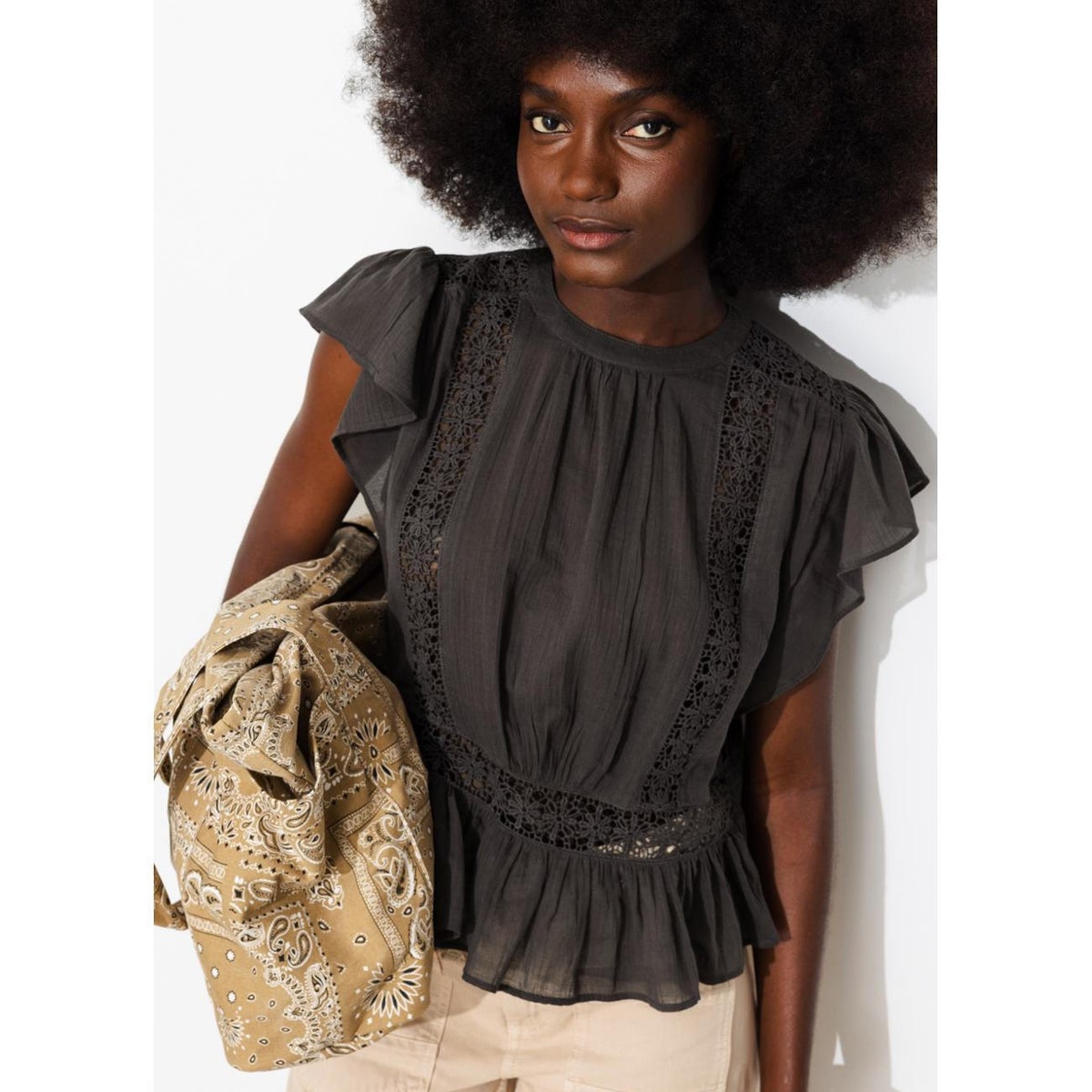 Blouse en cotonnade & guipures gris, PROMOD