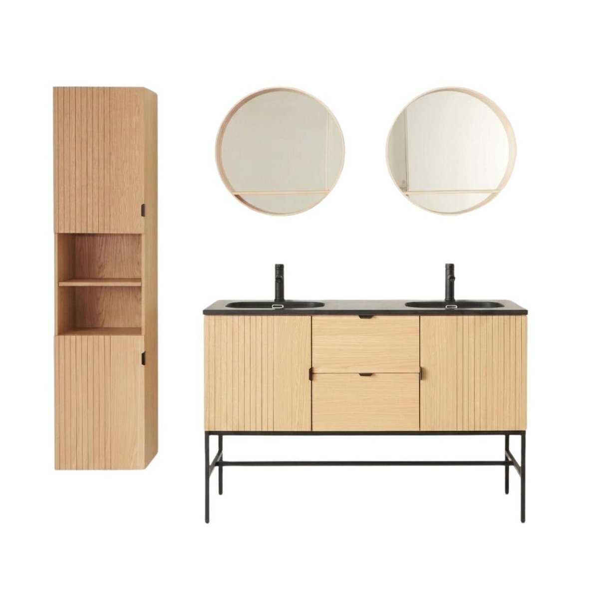 Meuble double vasque chêne, robinets noirs, miroirs & colonne STUDIO v002233, MOB IN