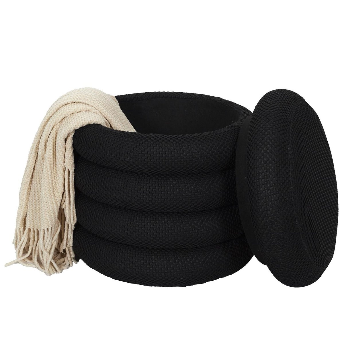 Pouf de rangement avec tissu texturé ATOME noir, THE HOME DECO FACTORY