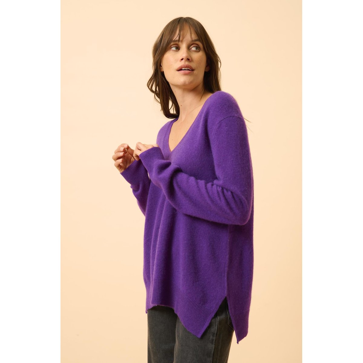 Pull Col V Devant Et Dos Violette Opal violet, JUST CASHMERE