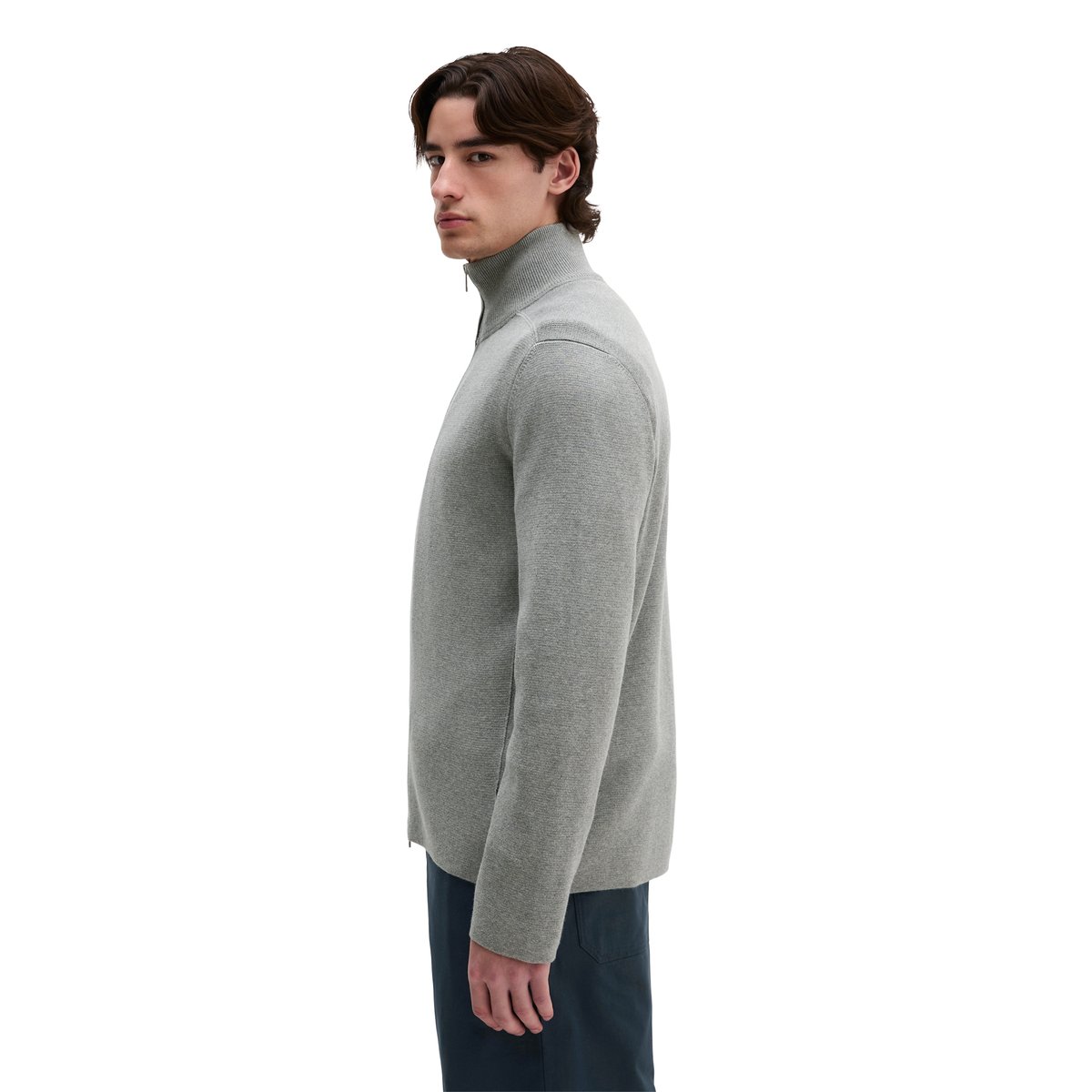 Cardigan zippé regular en pur coton bio gris, MARC O'POLO