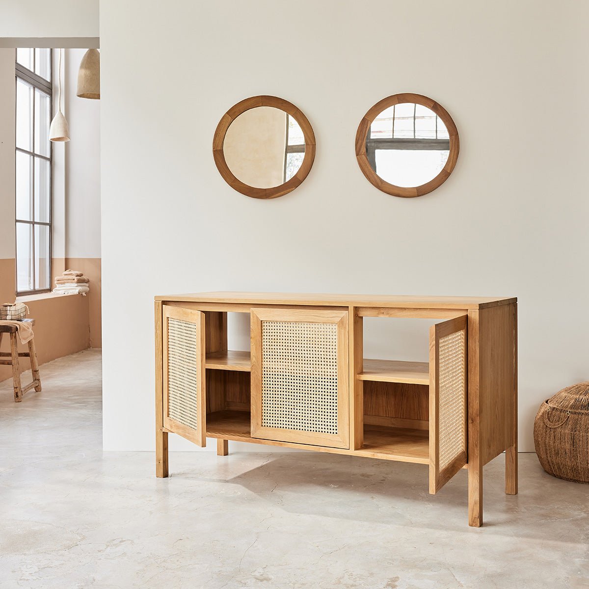 Meuble sous vasque en teck massif et cannage 145 cm ELIOTT naturel, BERAH GETAH