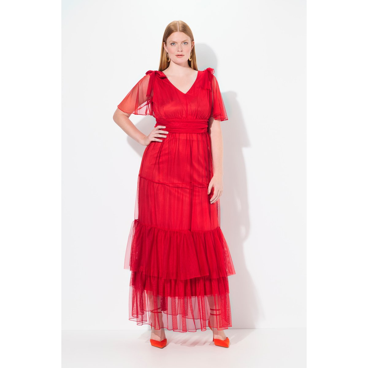 Robe maxi drapée en mesh rouge clair, ULLA POPKEN