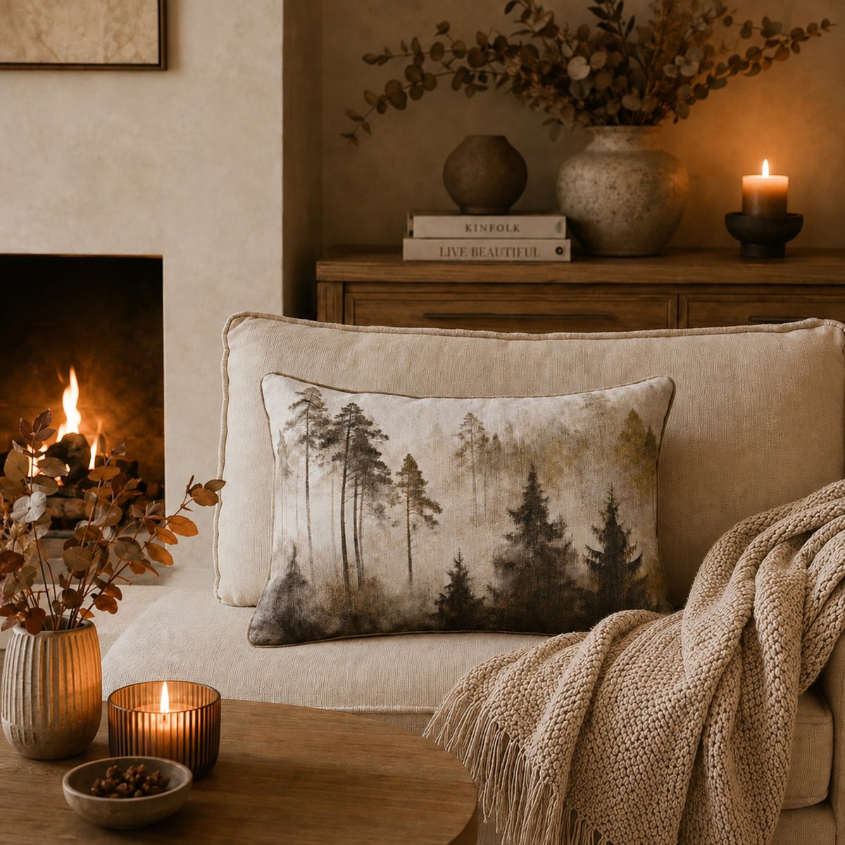 Coussin réversible motif aquarelle forêt - QABANE tabac, HOME MAISON
