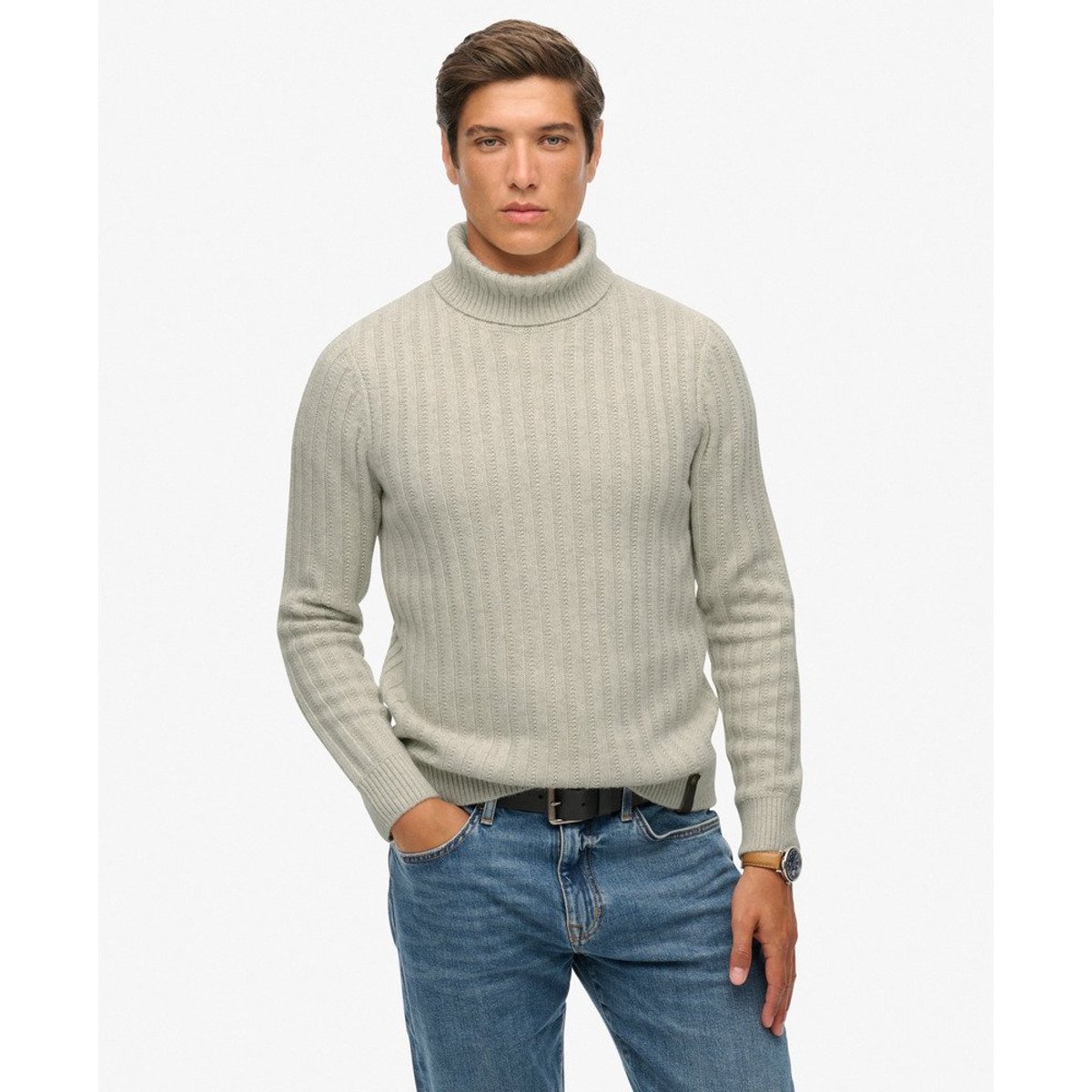 Pull à Col Roulé Côtelé The Merchant Store beige avoine, SUPERDRY