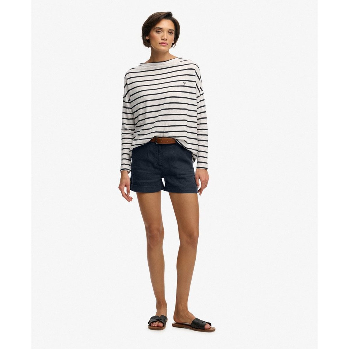Short en lin taille mi-haute bleu marine éclipse, SUPERDRY