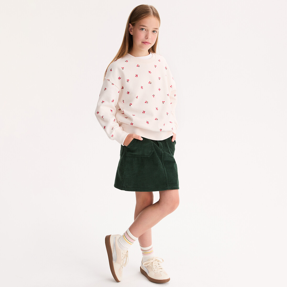 Sweat col rond, imprimé fleurs, en molleton ecru, LA REDOUTE COLLECTIONS