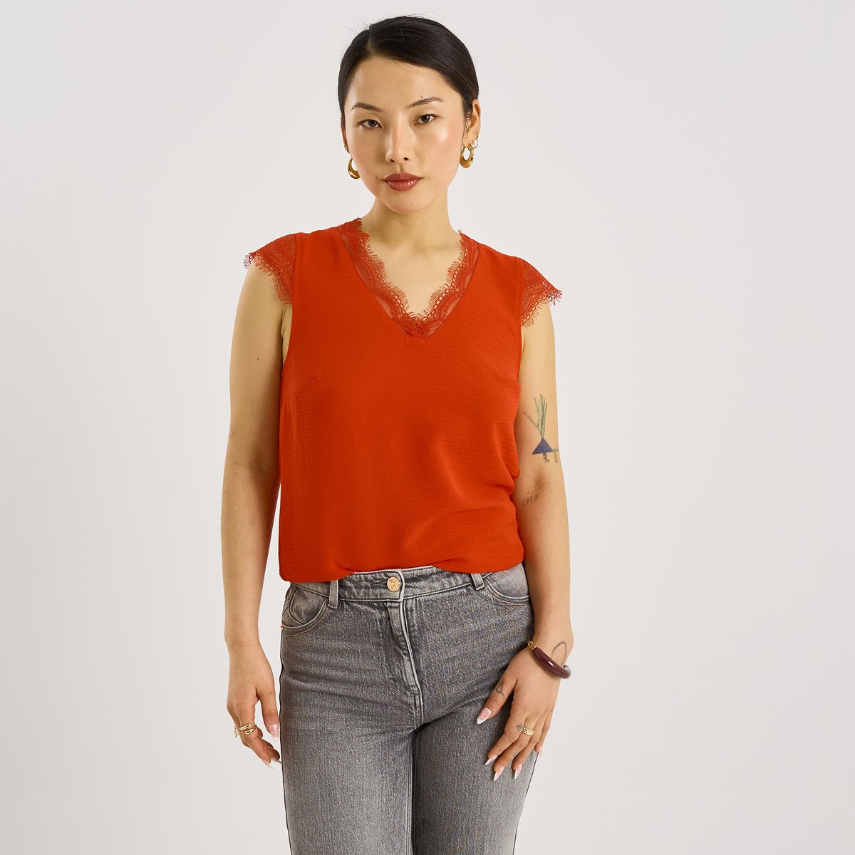 Blouse sans manches col V orange rouge, GRAIN DE MALICE