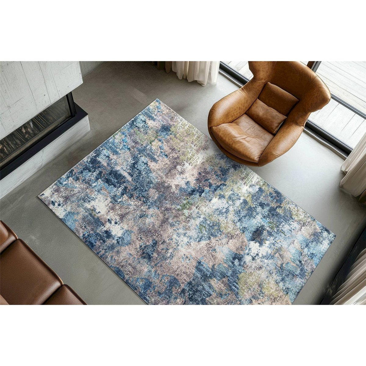 Tapis rectangulaire à poil court bleu acier multicolore effet patiné, ARTE ESPINA