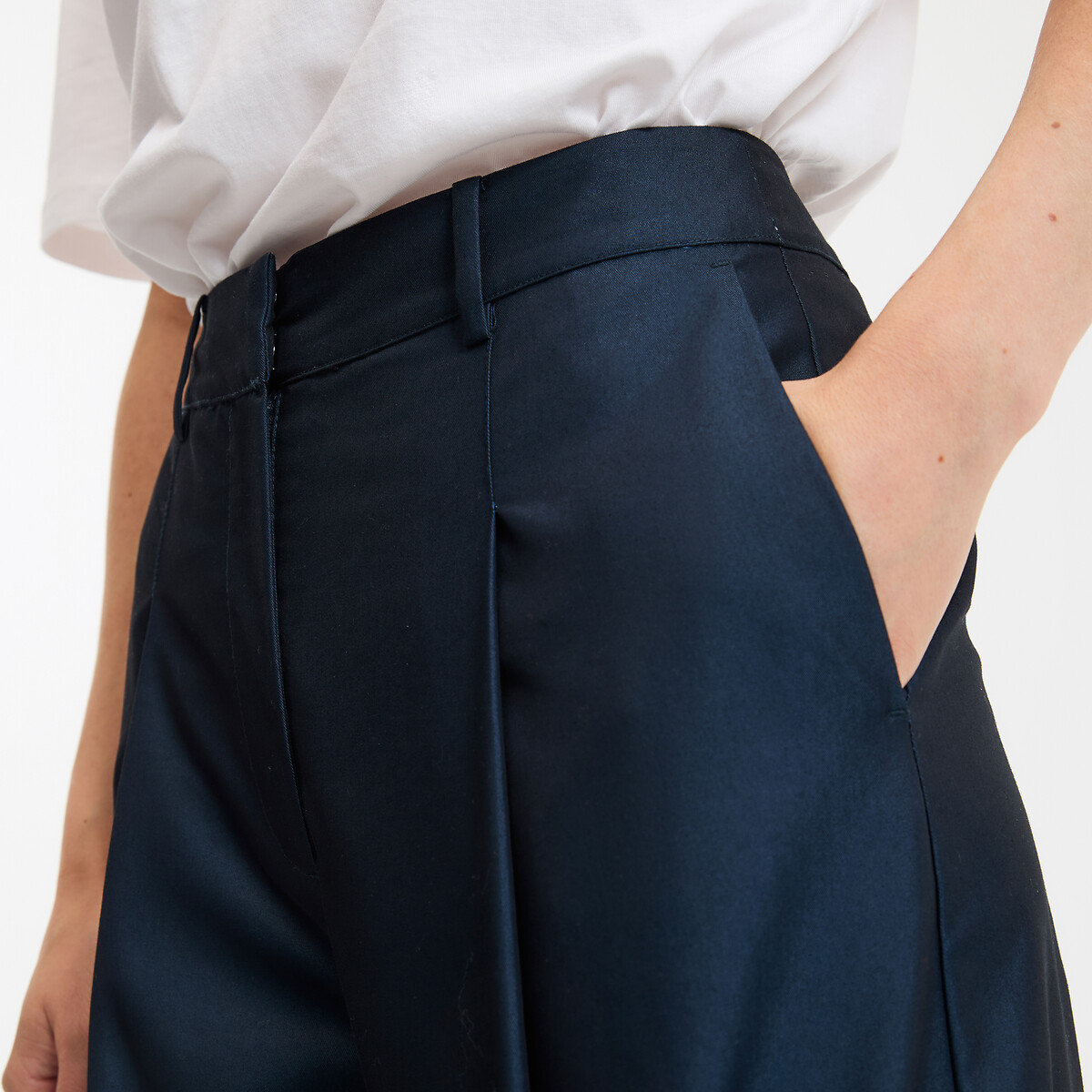 Cotton Blend Wide Leg Pleated Trousers navy blue, LA REDOUTE COLLECTIONS