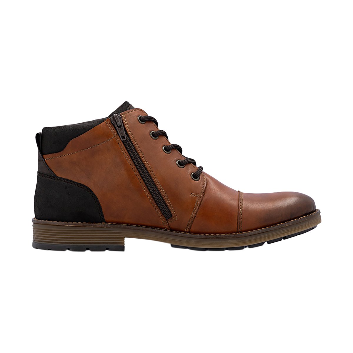 Bottines en cuir à talon plat avec un zip et des lacets ronds cognac, RIEKER