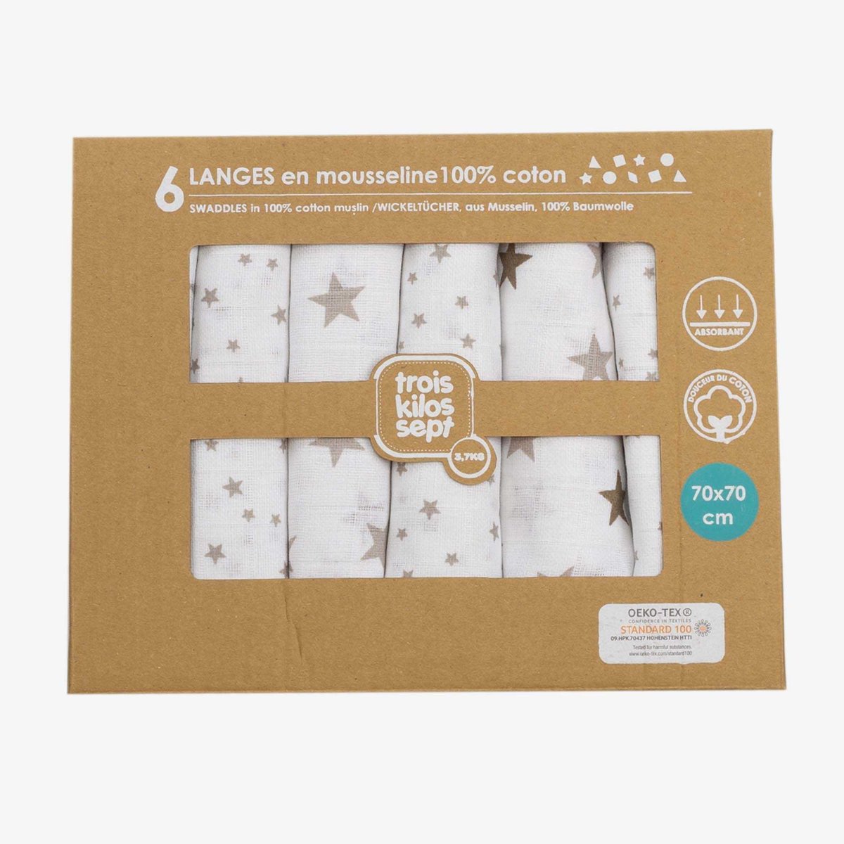 Pack de 6 langes bébé 70*70 cm v019845, TROIS KILOS SEPT