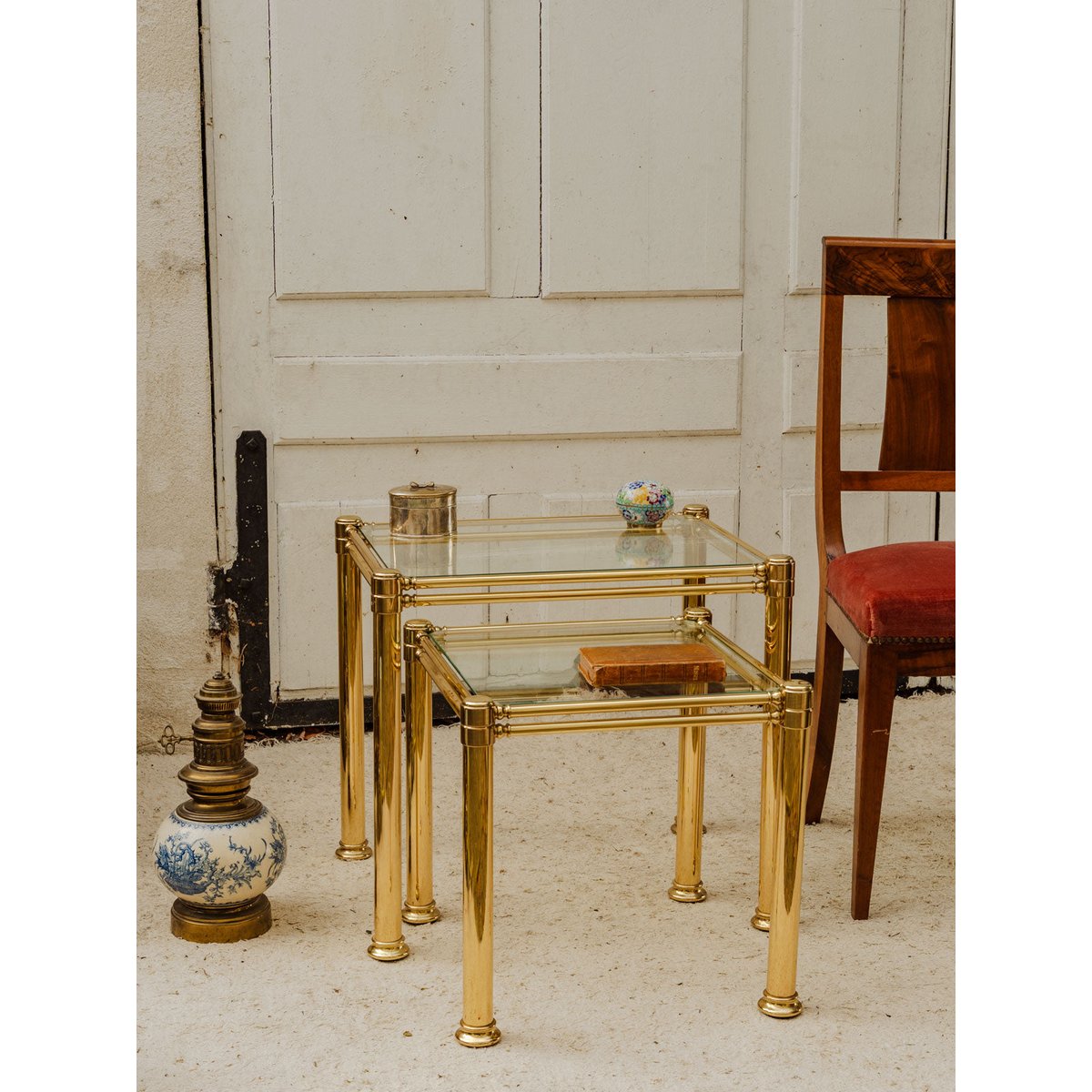 Tables gigognes en laiton et verre Barbara N°221 - Bon état doré, DEBONGOUT