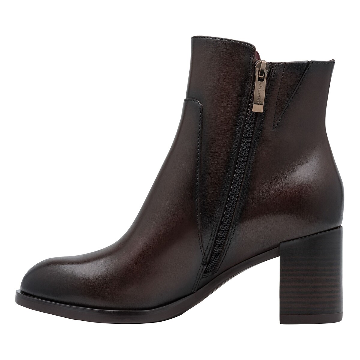 Stivaletti in pelle con tacco comodo marrone scuro, TAMARIS