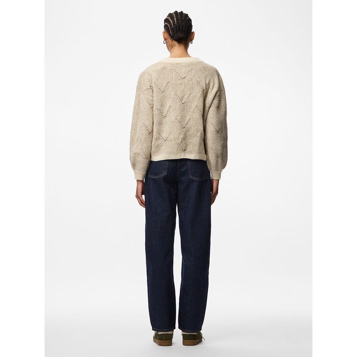 Pull col rond, manches ballon ecru/beige, PIECES