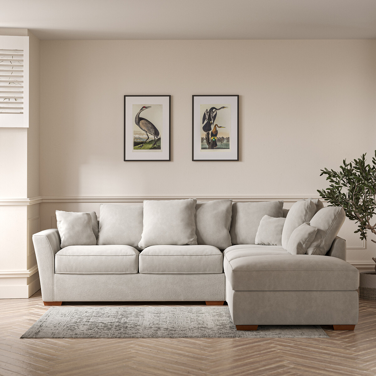 Florence Scatterback Soft Brushed Corner Sofa & Footstool with Dark Wood Legs (Right Facing) silver, ÉDITÉ