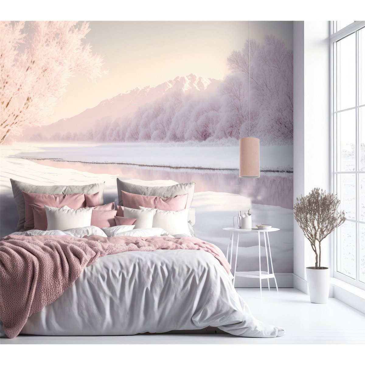 Suspension ronde en tissu pour chambre enfant Jasmin bebe rose poudré avec bord beige crème, BPS KONCEPT