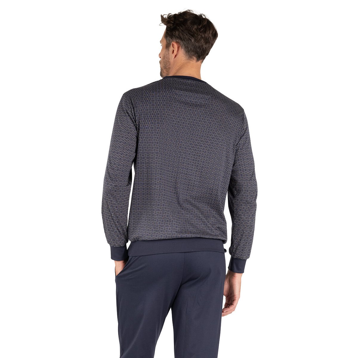 Pyjama mercerisé imprimé col rond bleu marine/imprimé, EMINENCE