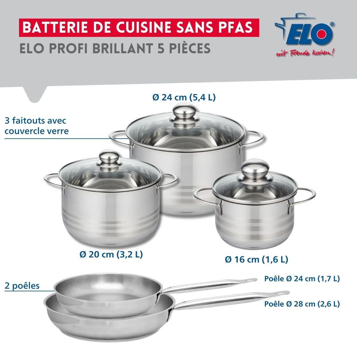 Batterie 2 poêles 24/28cm + 3 faitouts 16/20/24cm PROFI BRILLANT gris, ELO