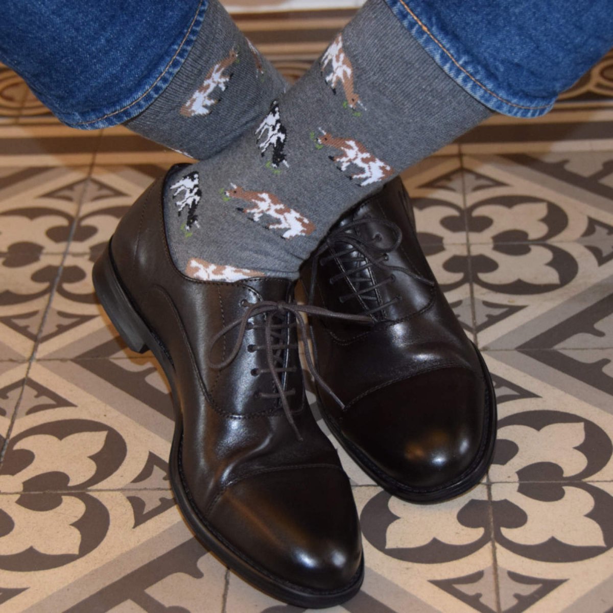 Mi-chaussettes homme kindy jersey All over de vaches coton gris, KINDY