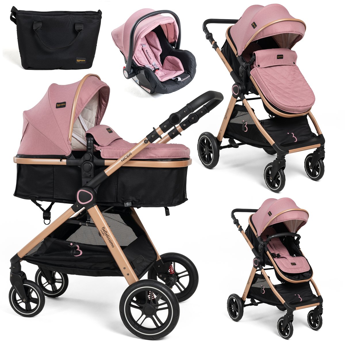 Poussette combinée trio 3 en 1 – Nicea rose, BEBELISSIMO J'AIME
