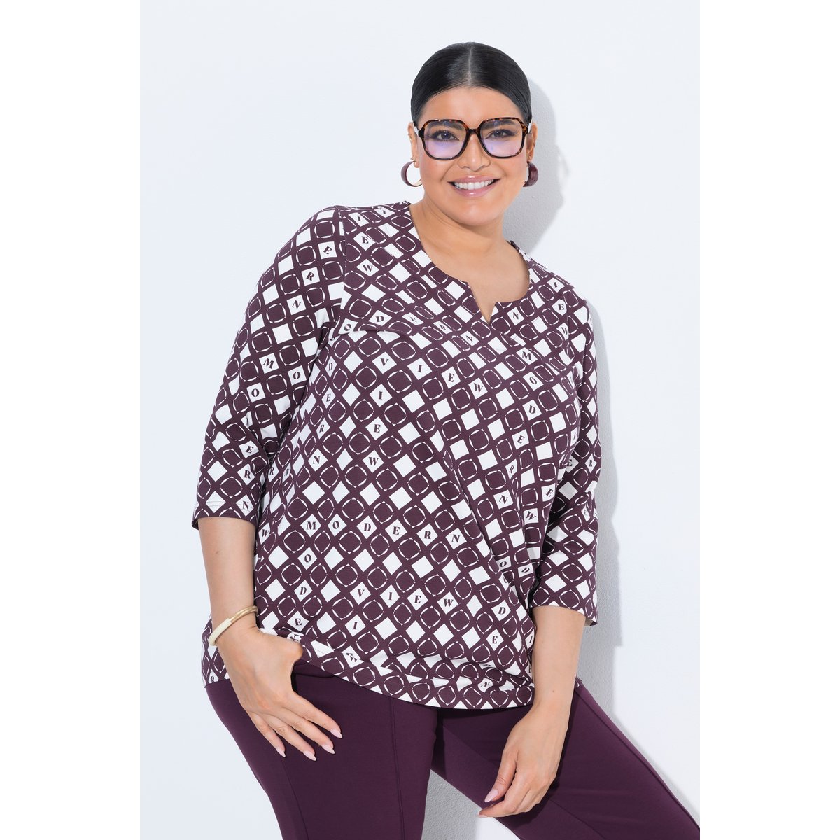 T-shirt imprimé graphique prune foncé, ULLA POPKEN