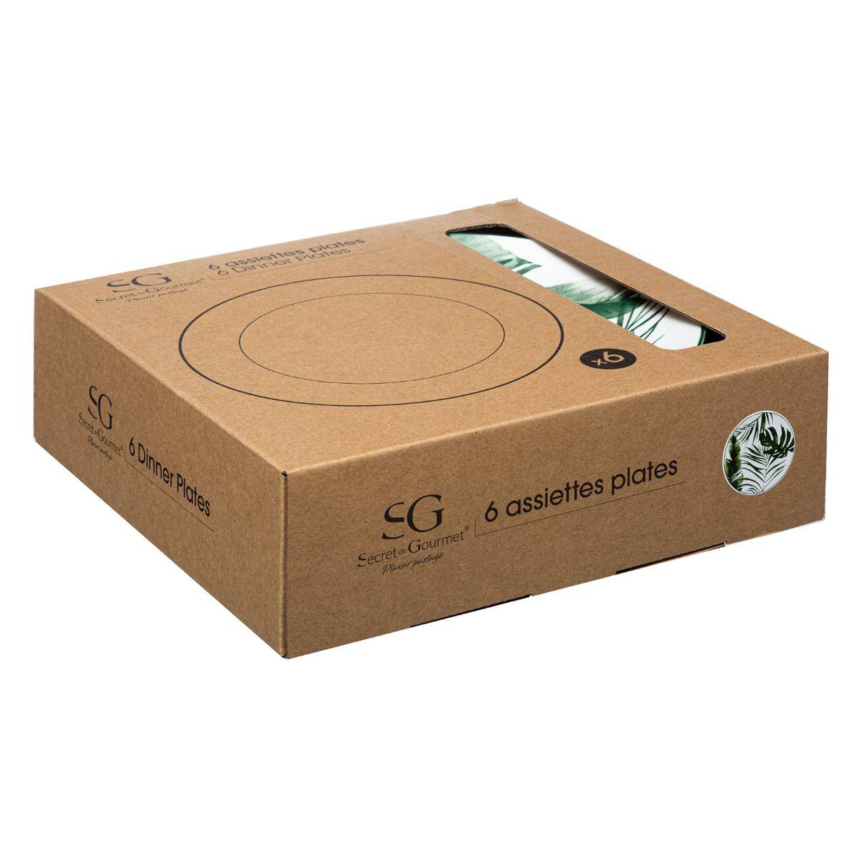 Lot de 6 assiettes en porcelaine PALME vert, SECRET DE GOURMET