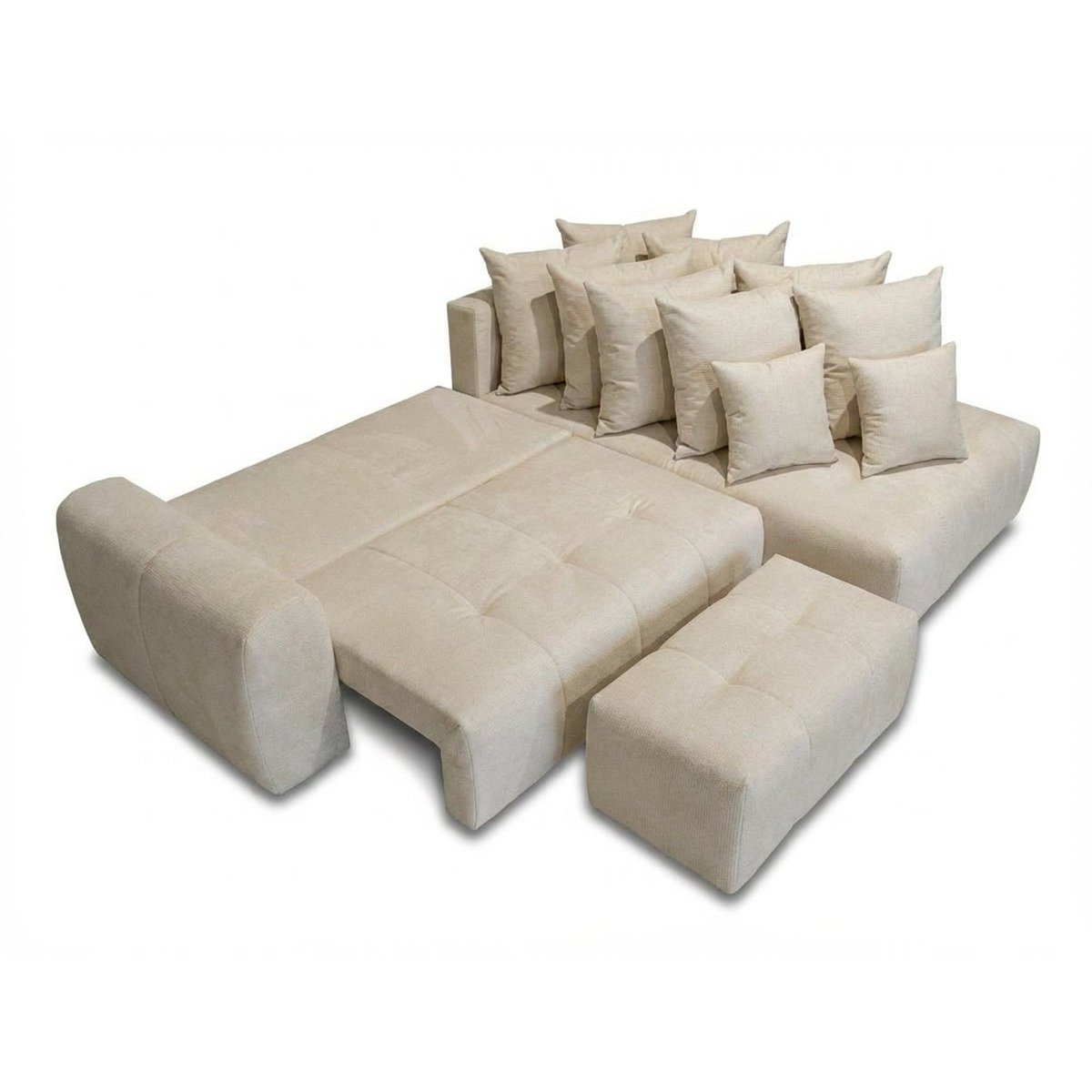 Canapé d'angle convertible 4 places en tissu chiné avec pouf, ROXELANE beige, BOBOCHIC
