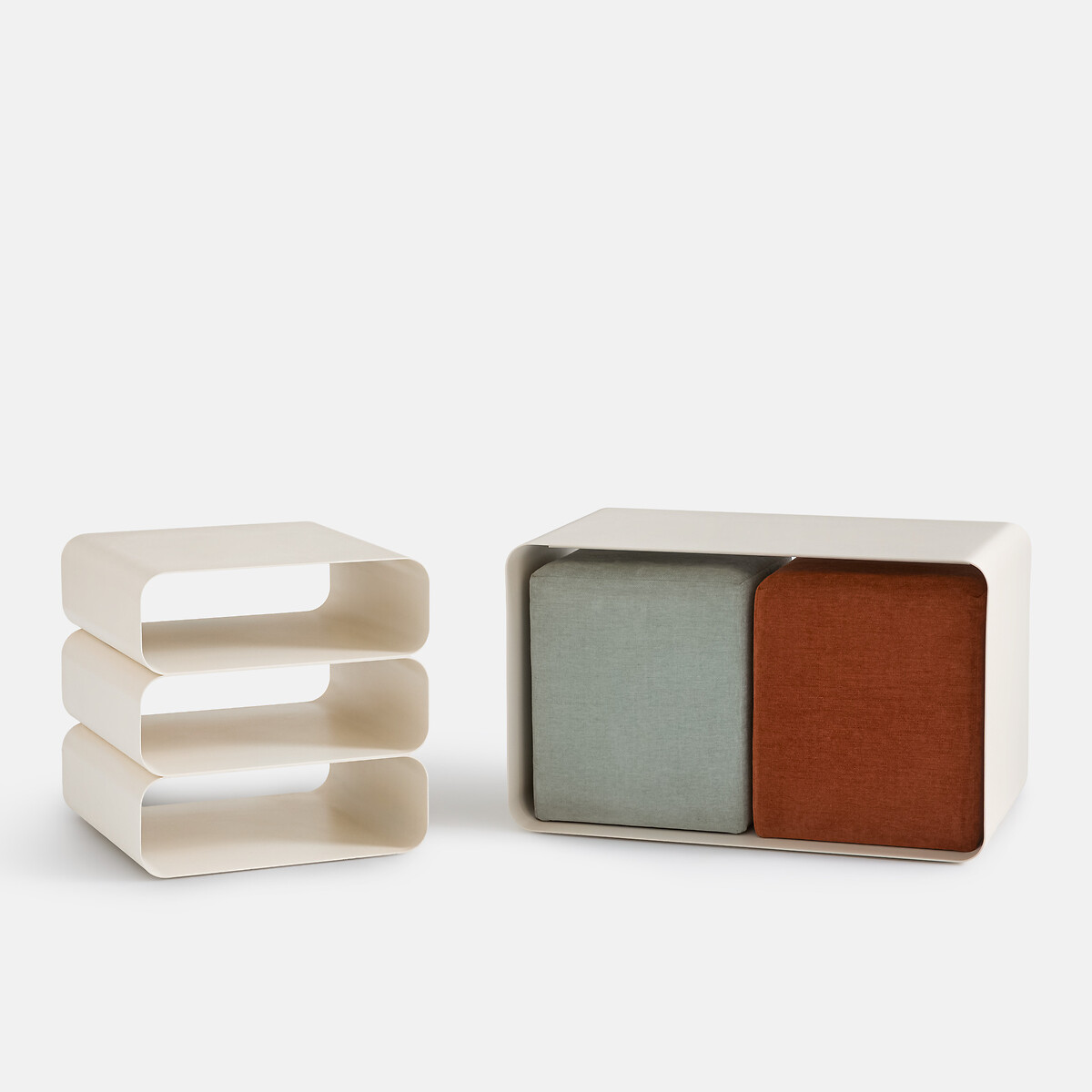 Table basse en acier et ses 2 poufs, AMUO ecru, LA REDOUTE INTERIEURS