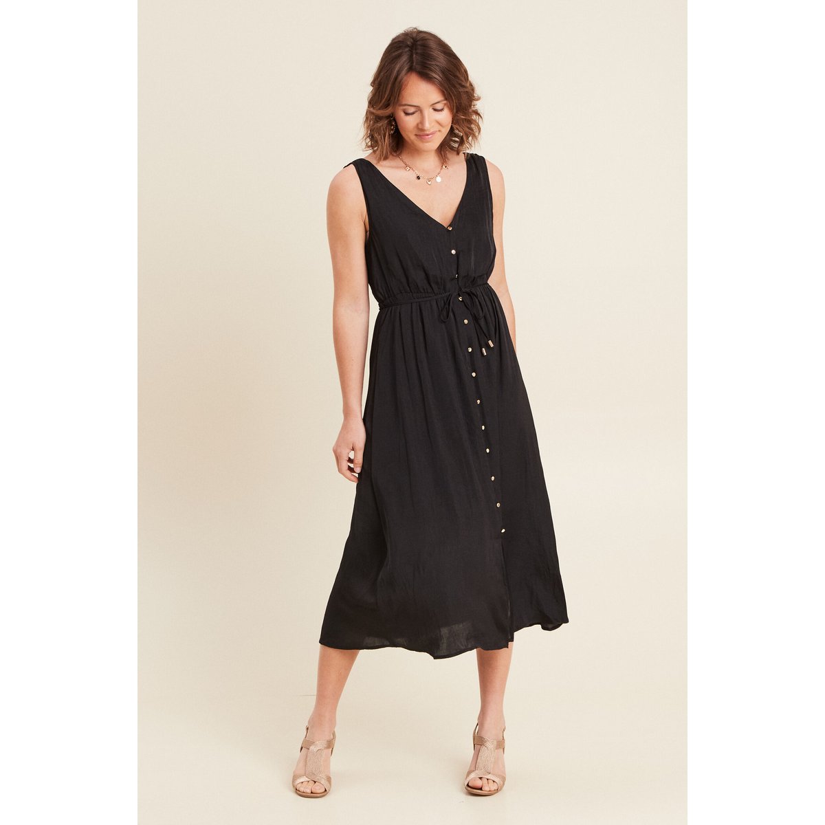 Robe midi évasée satin noir, BREAL