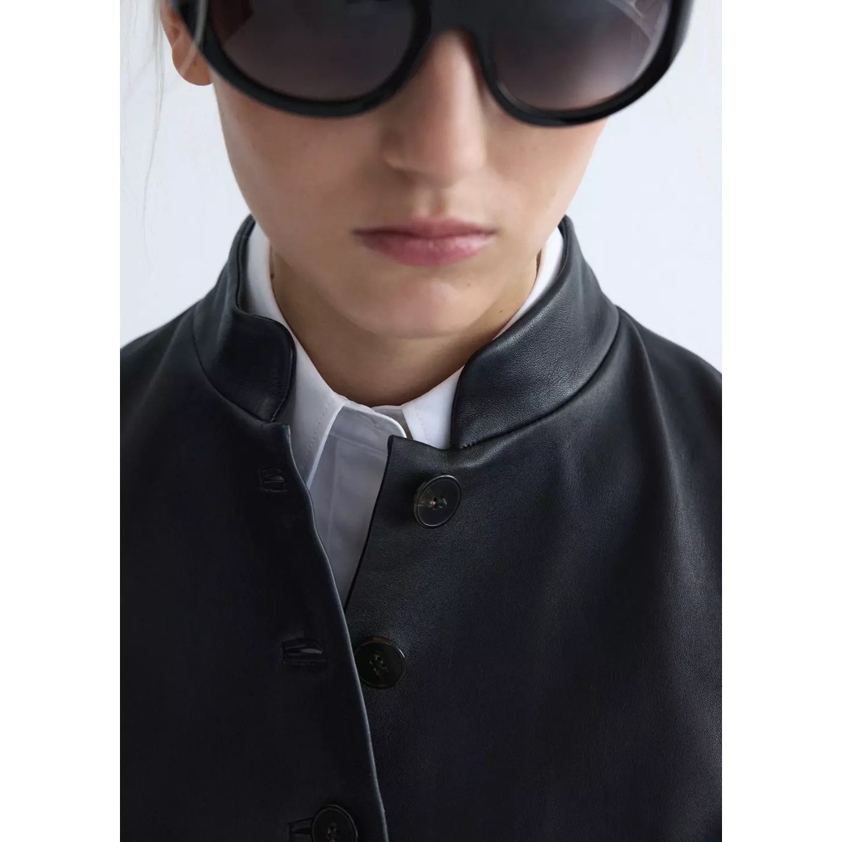 Veste cuir col officier noir, MANGO