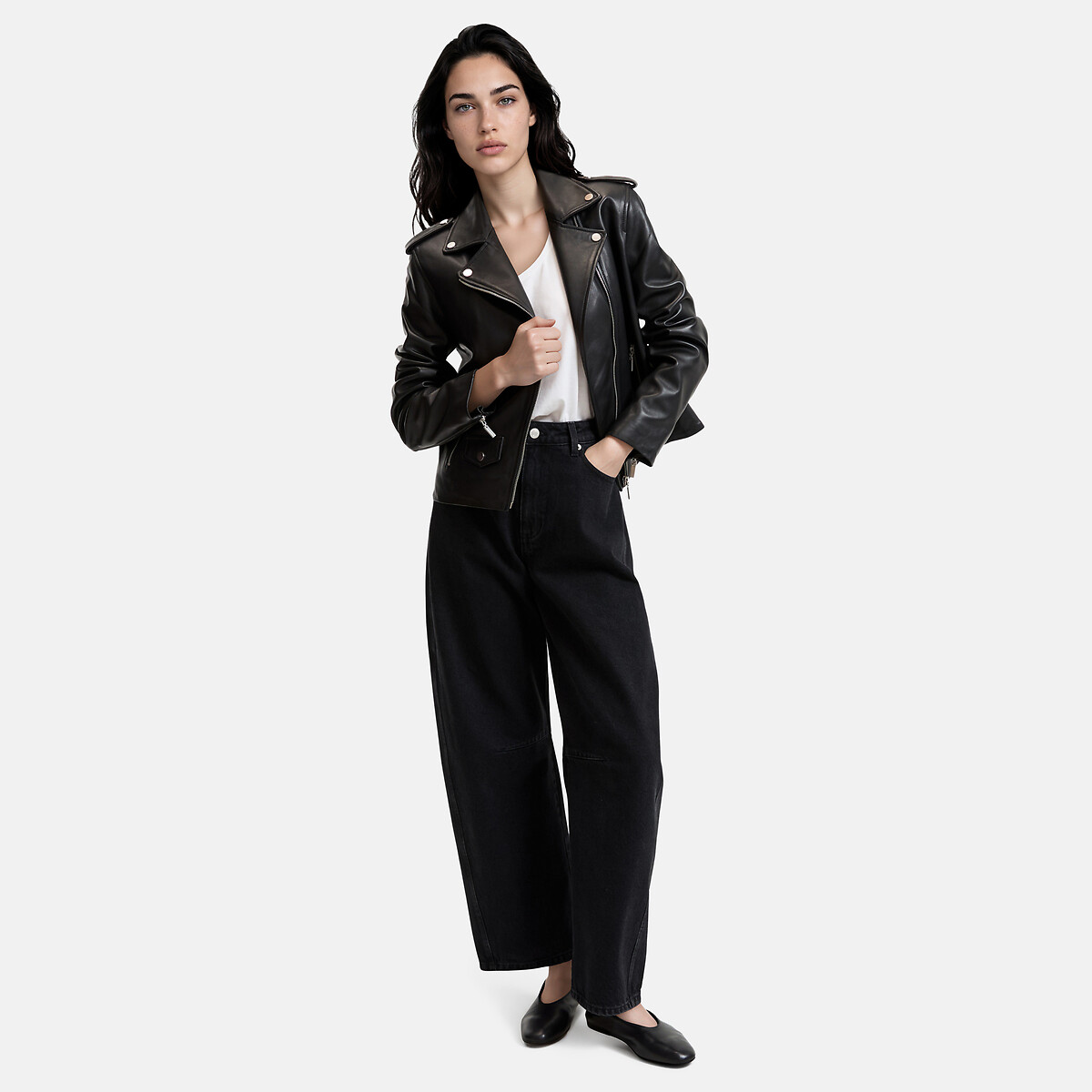 Blouson zippé style motard en cuir noir, LA REDOUTE COLLECTIONS