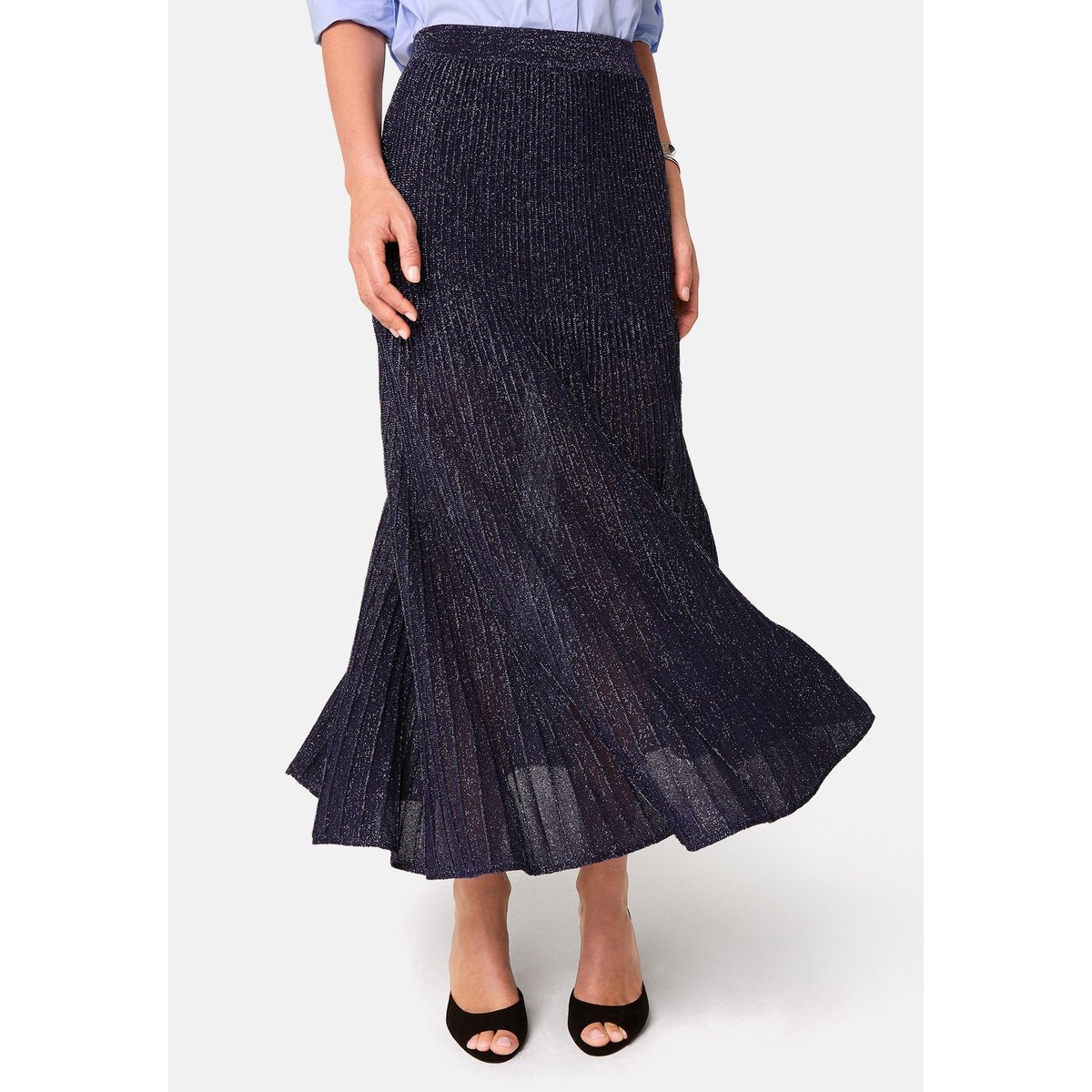 Jupe plissée longue en maille fil textile bleu marine, RODIER