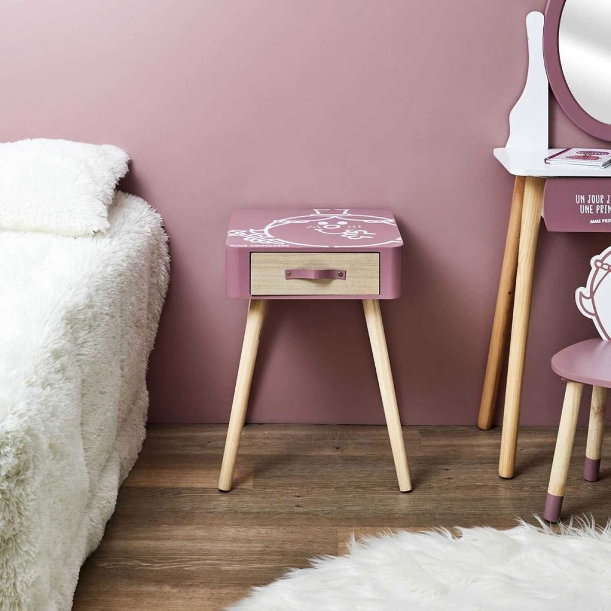 Table de chevet 1 tiroir Madame Princesse rose, DECORATIE